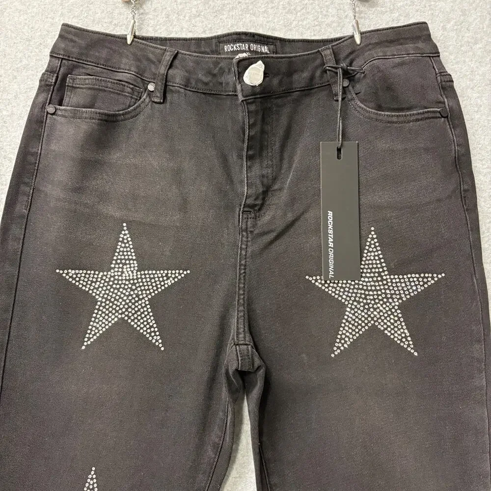 Rockstar Original Stargirl Super Stacked Flare Jeans Black Rhinestone XL NWT